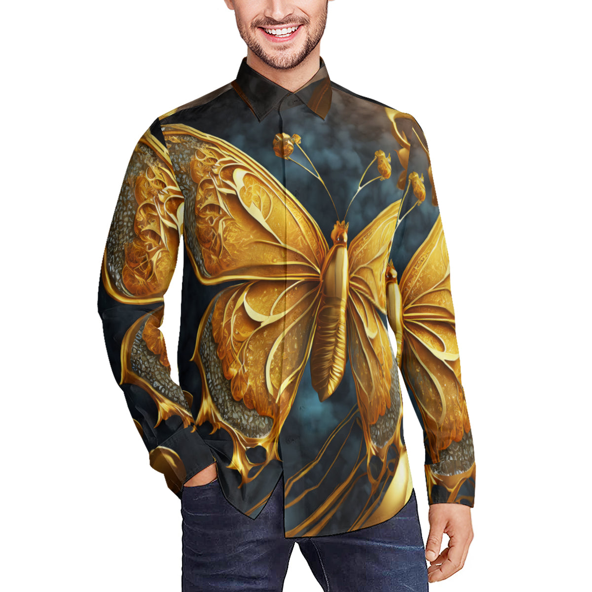 Golden Buterfly Men's Classic Long-Sleeved Shirt | Polyester
