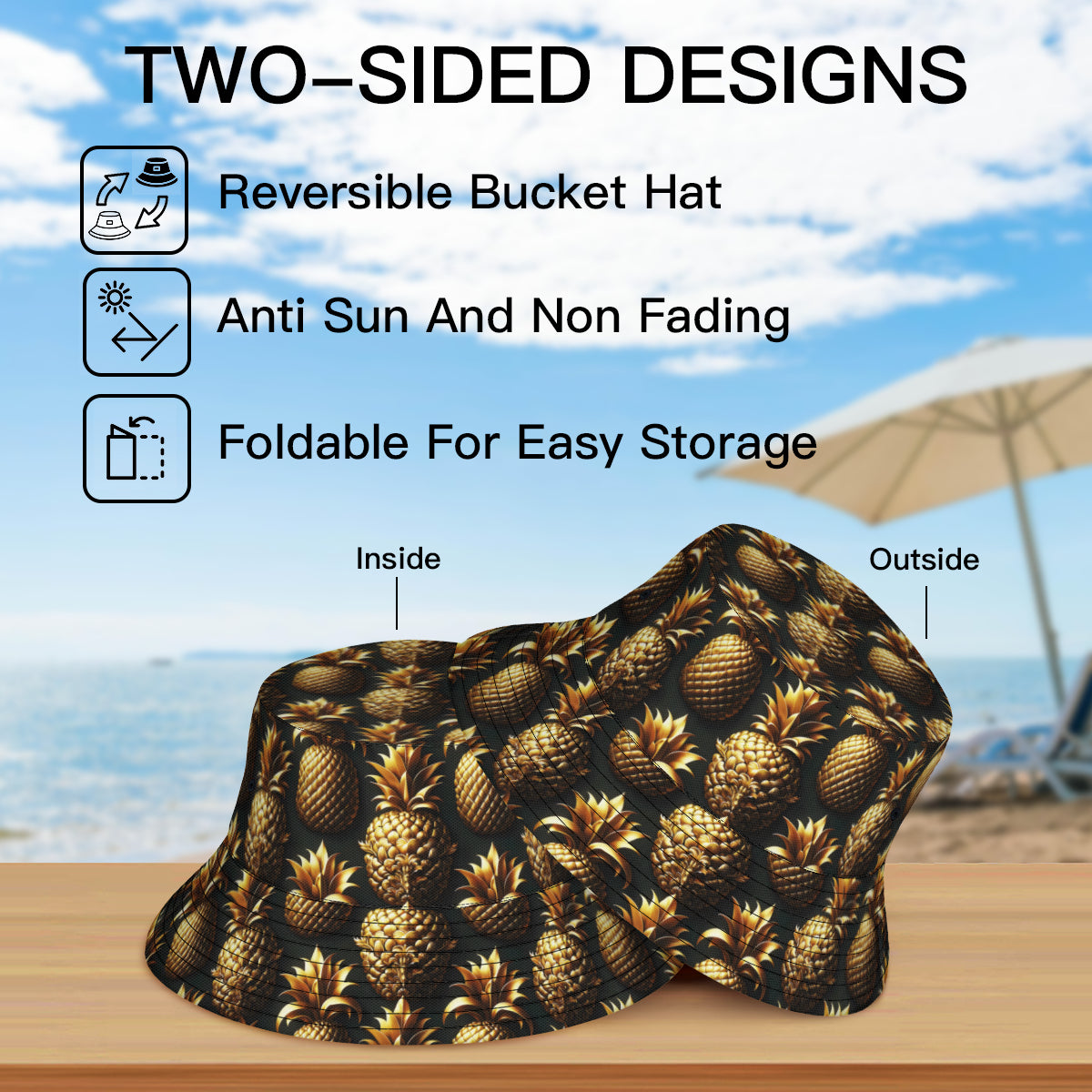 Golden Pineapple Double-Sided Unisex Polyester Bucket Hat