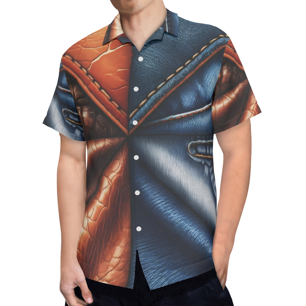 Denim And Leather Design Short Sleeves Men's Shirt