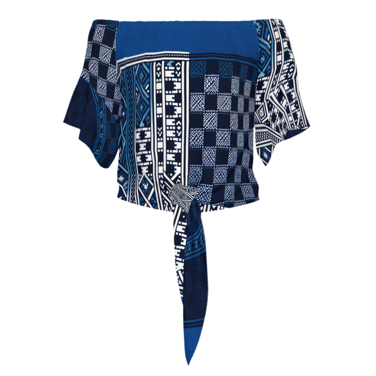 Blue Check One-Shoulder Tie Short Sleeves