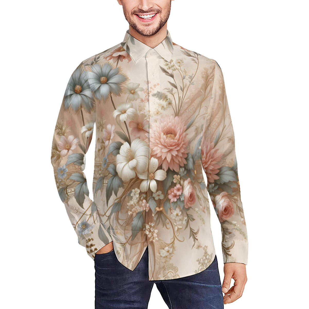 Floral Elegance Men's Classic Long-Sleeved Shirt | Polyester