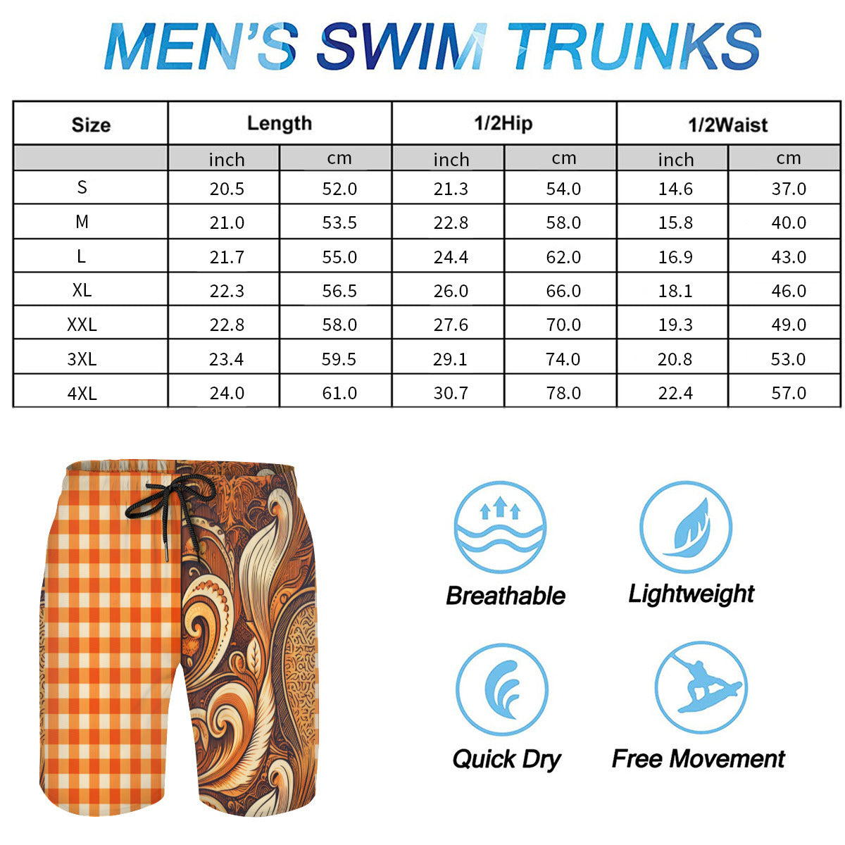 Orange Check Men's Beach Shorts (Not Mesh Lined) | Polyester