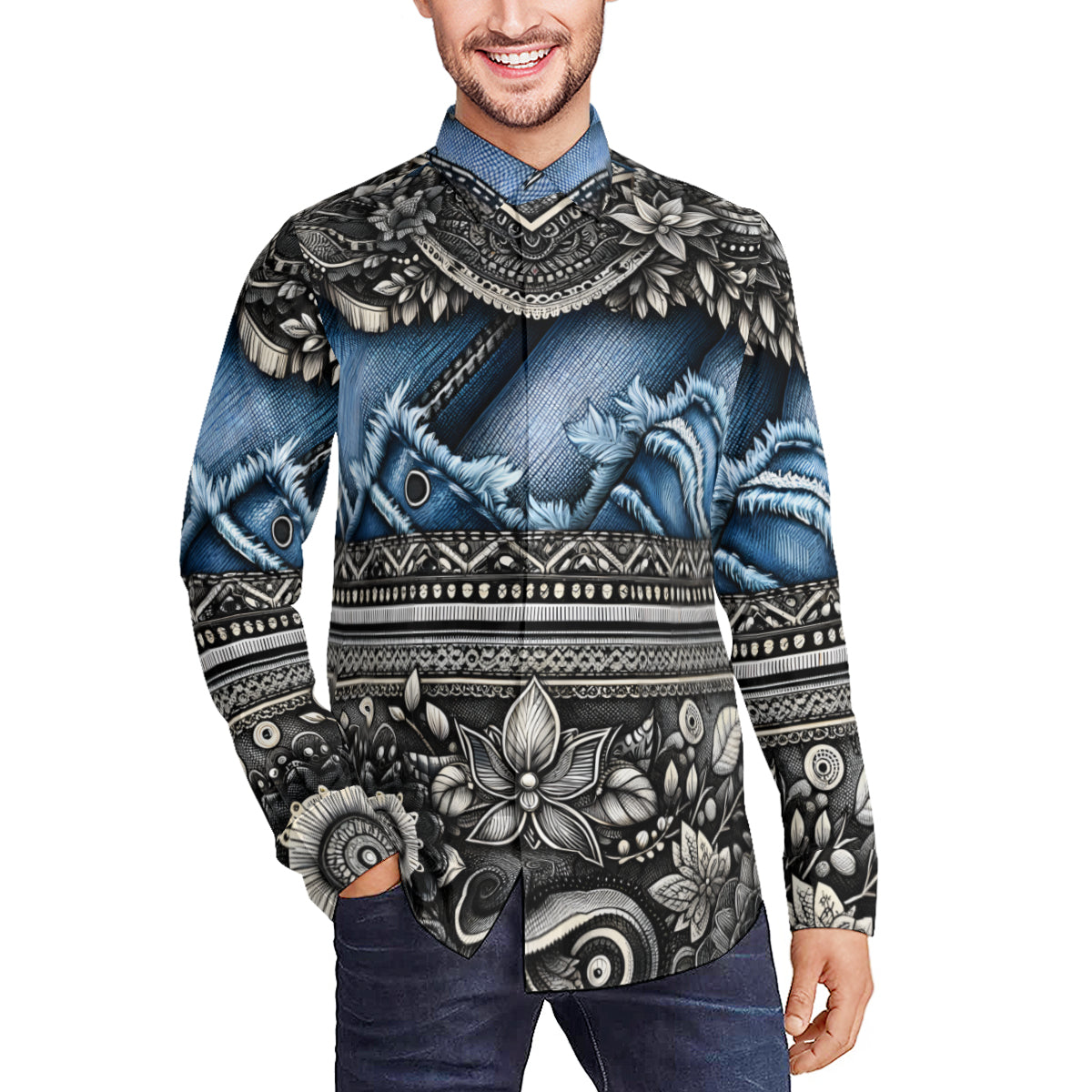 Denim And Lace Design Long Sleeves Men's Shirt