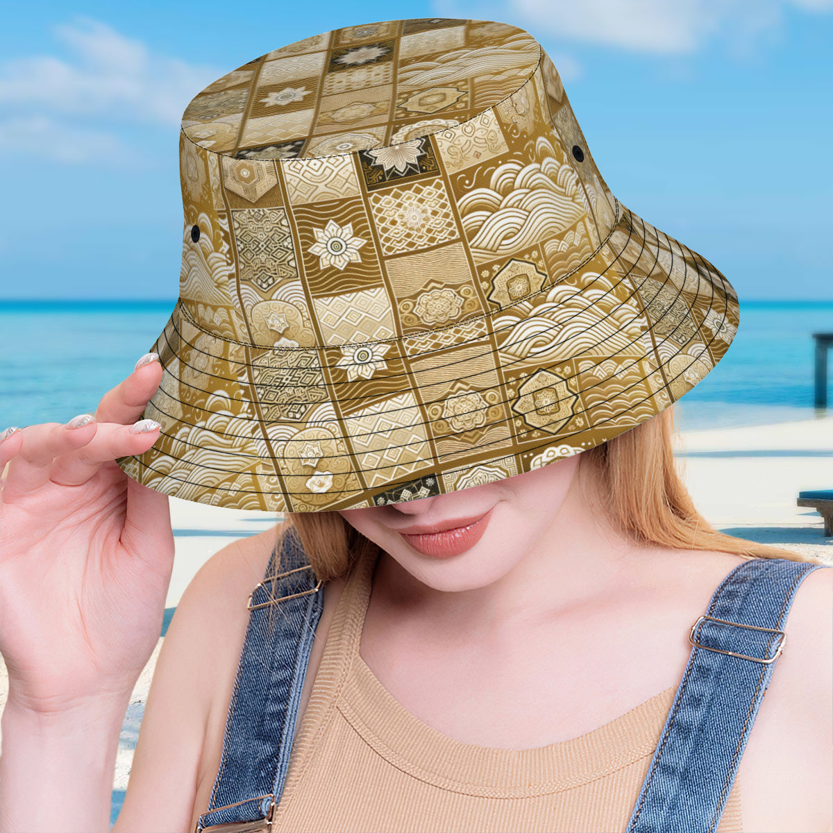 Golden Geometric Shapes Double-Sided Unisex Polyester Bucket Hat