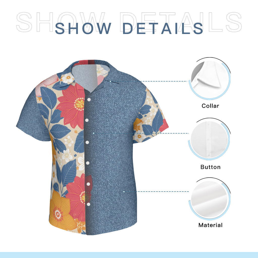 Floral Denim Short Sleeves Men's Shirt - No Chest Pocket