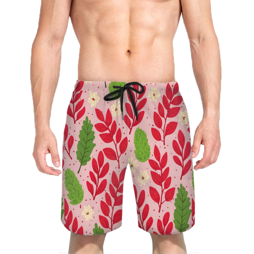 Pink Leaves Men's Beach Shorts (Not Mesh Lined) | Polyester