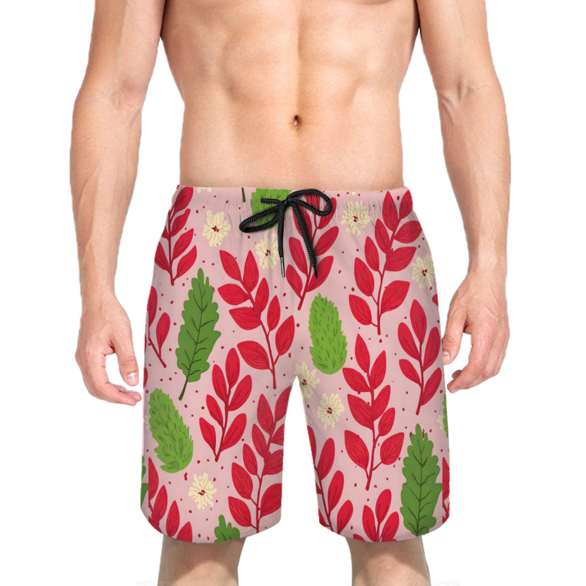 Pink Leaves Men's Beach Shorts (Not Mesh Lined) | Polyester
