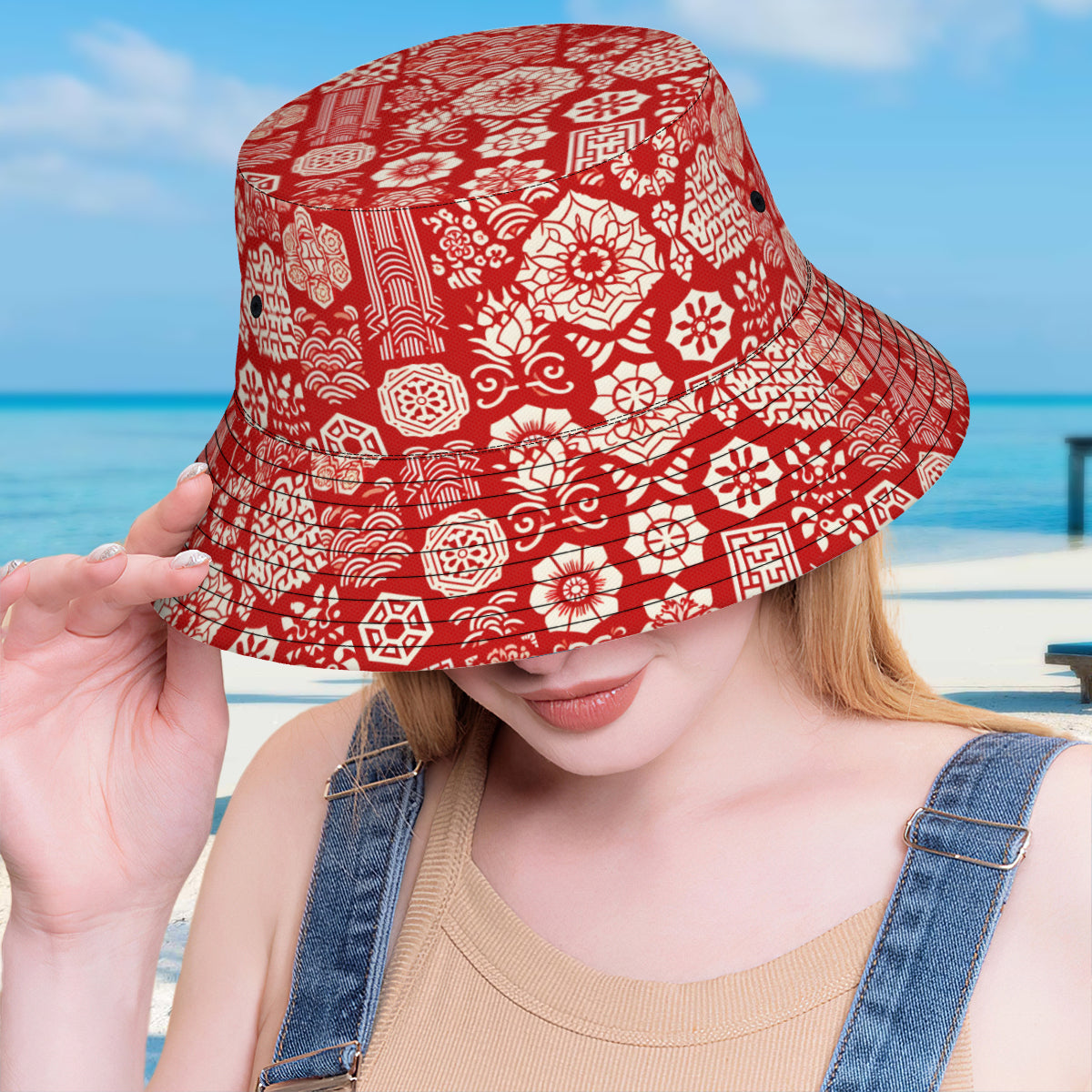 Red And White Double-Sided Unisex Polyester Bucket Hat