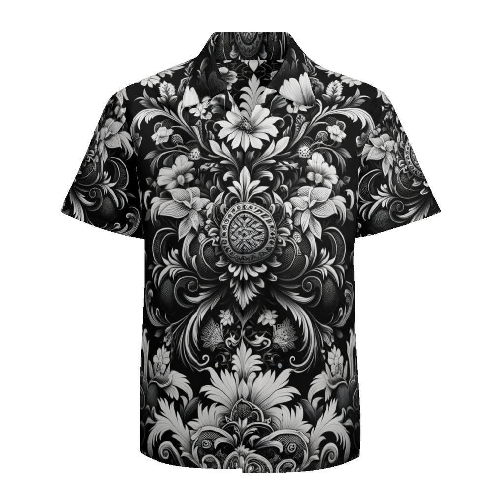 Black And White Floral Short Sleeves Men's Shirt