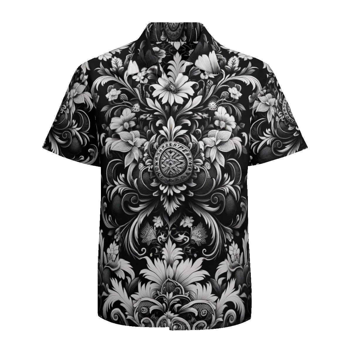 Black And White Floral Short Sleeves Men's Shirt