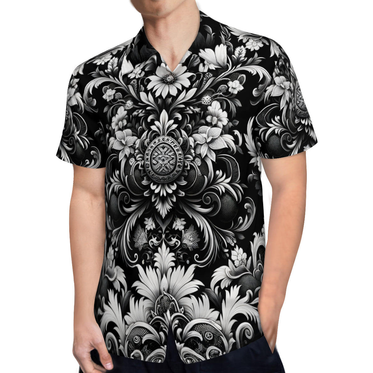 Black And White Floral Short Sleeves Men's Shirt