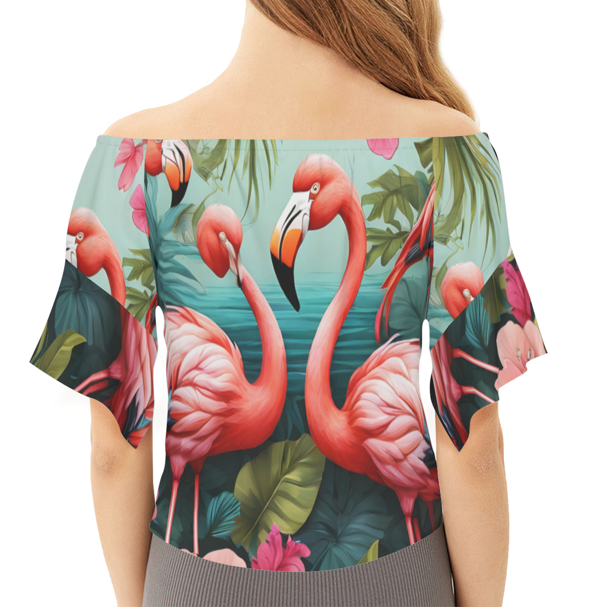 Flamingo All-Over Print Women's One-shoulder Tie Short Sleeve Dress