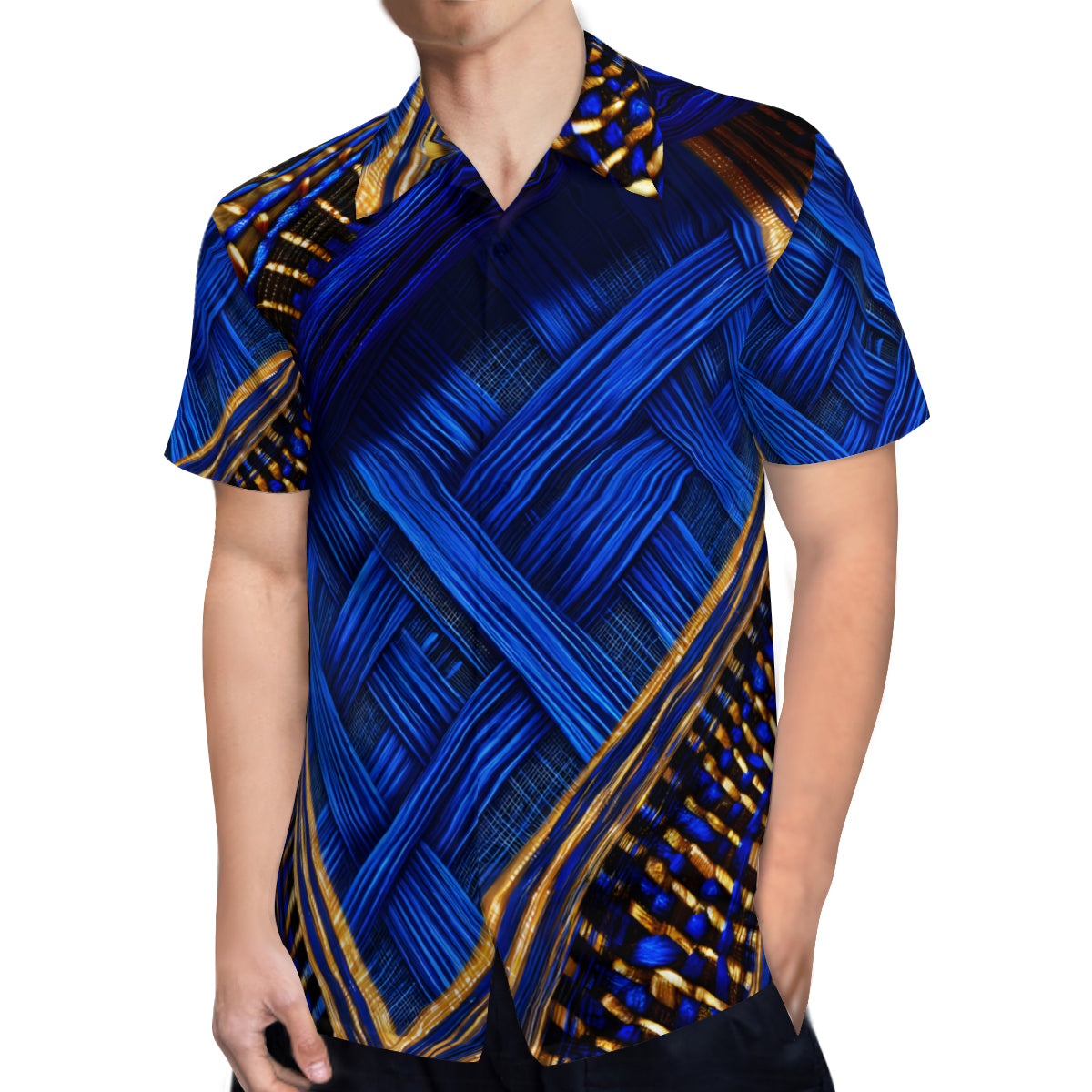 Royal Blue Interwoven Design Short Sleeves Men's Shirt