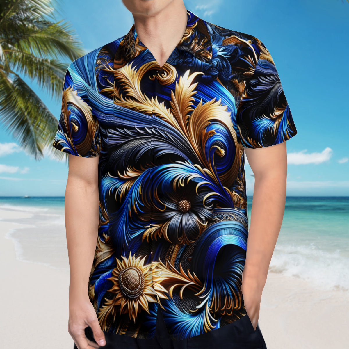 Royal Blue Weave Pattern Short Sleeves Men's Shirt