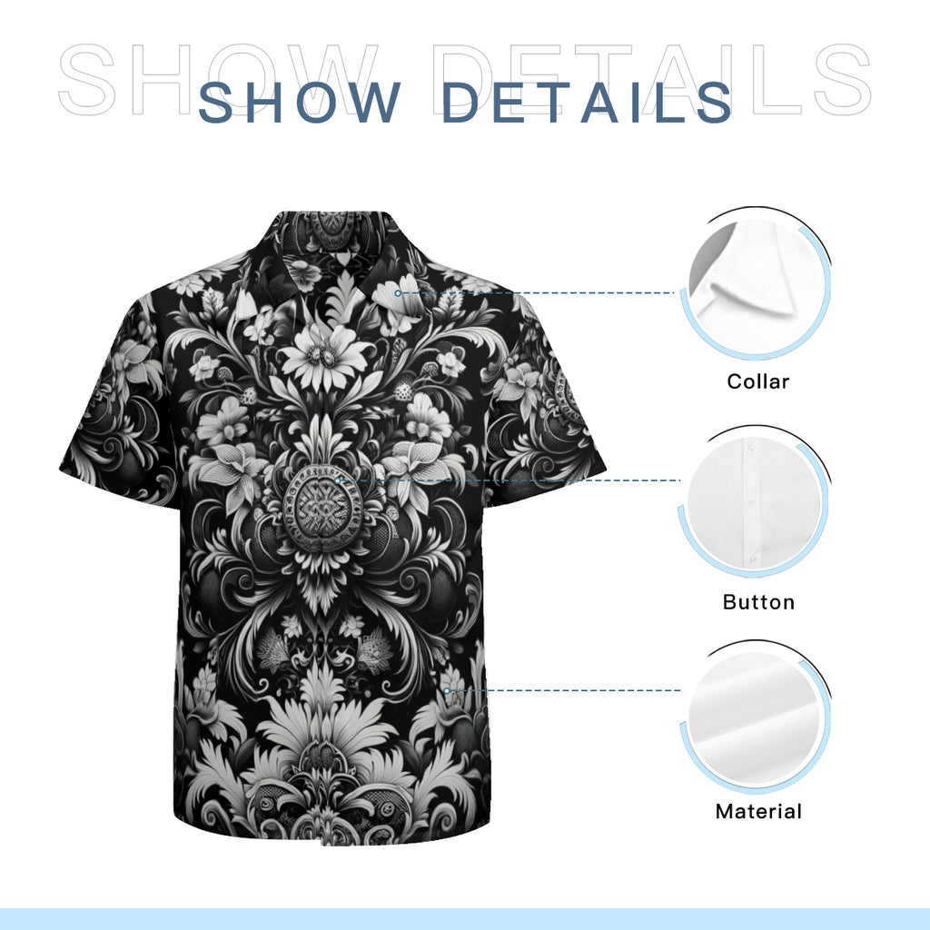 Black And White Floral Short Sleeves Men's Shirt
