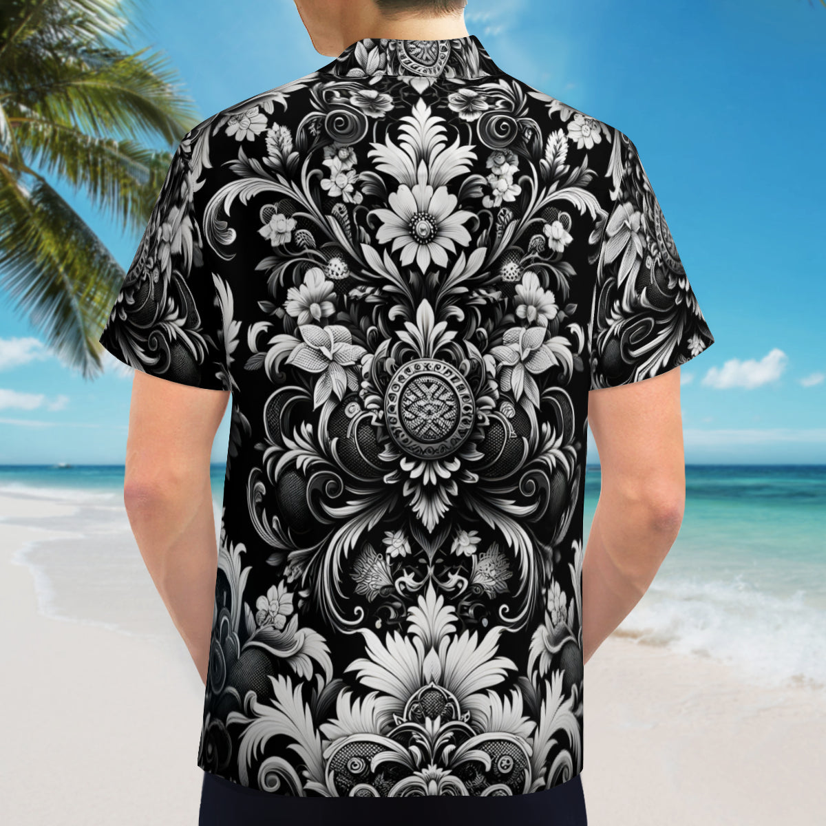Black And White Floral Short Sleeves Men's Shirt