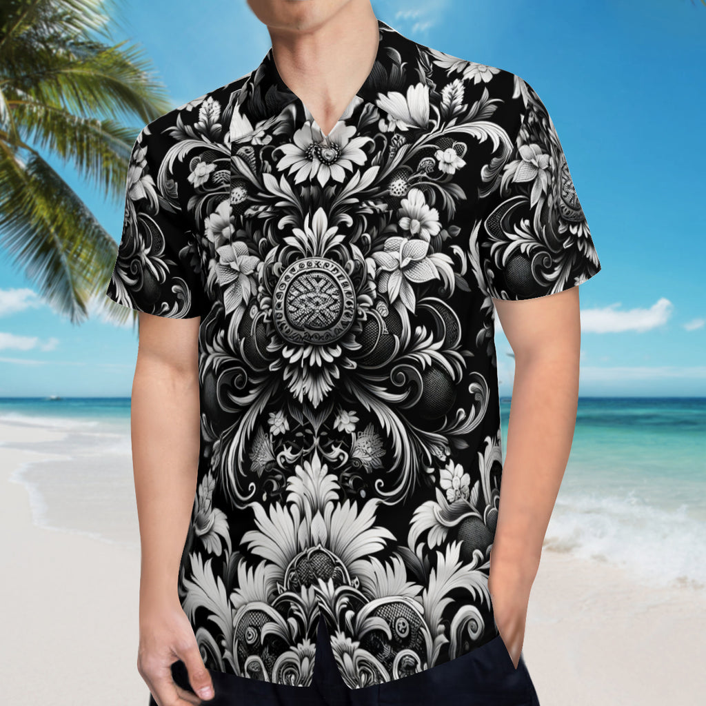 Black And White Floral Short Sleeves Men's Shirt