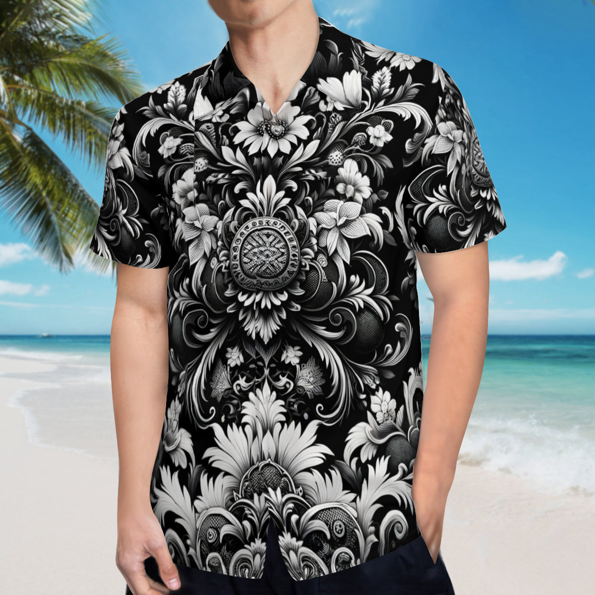 Black And White Floral Short Sleeves Men's Shirt
