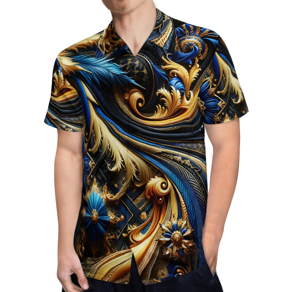 Royal Blue Gold Short Sleeves Men's Shirt