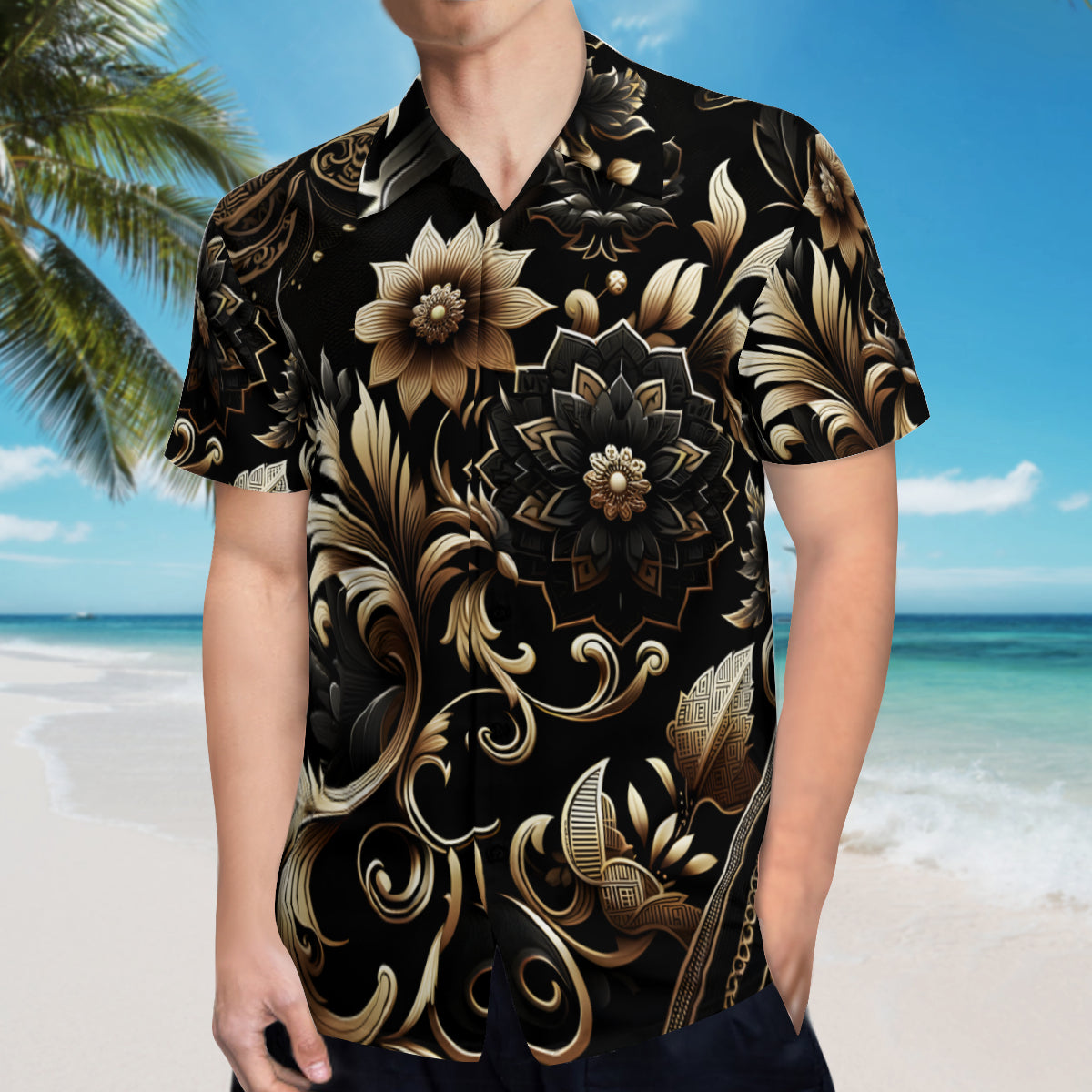Black Motifs Short Sleeves Men's Shirt