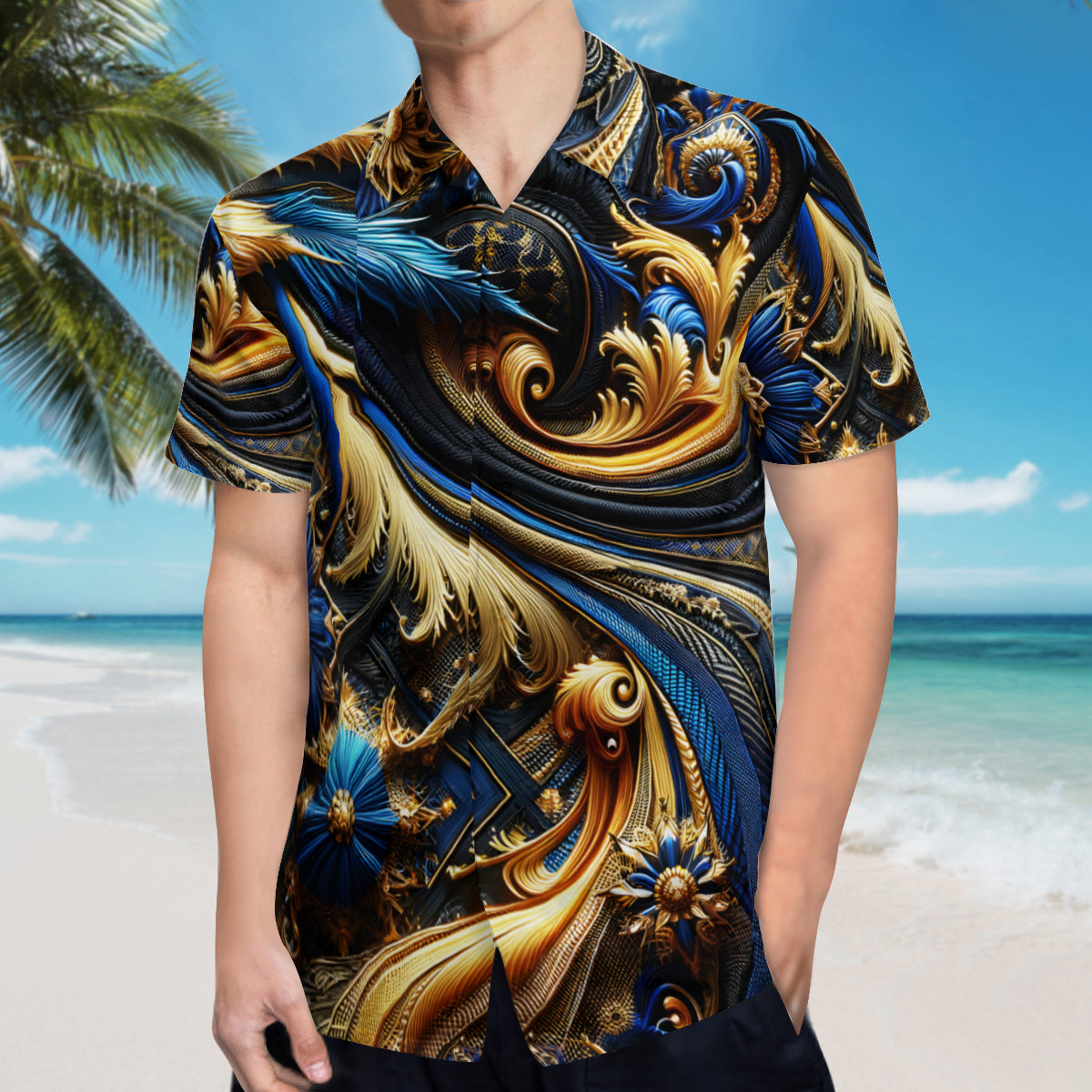 Royal Blue Gold Short Sleeves Men's Shirt