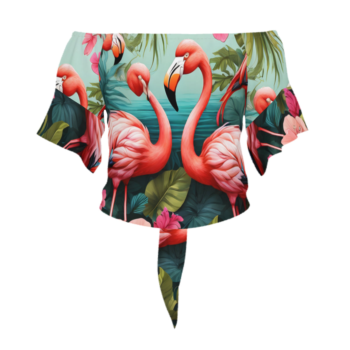 Flamingo All-Over Print Women's One-shoulder Tie Short Sleeve Dress