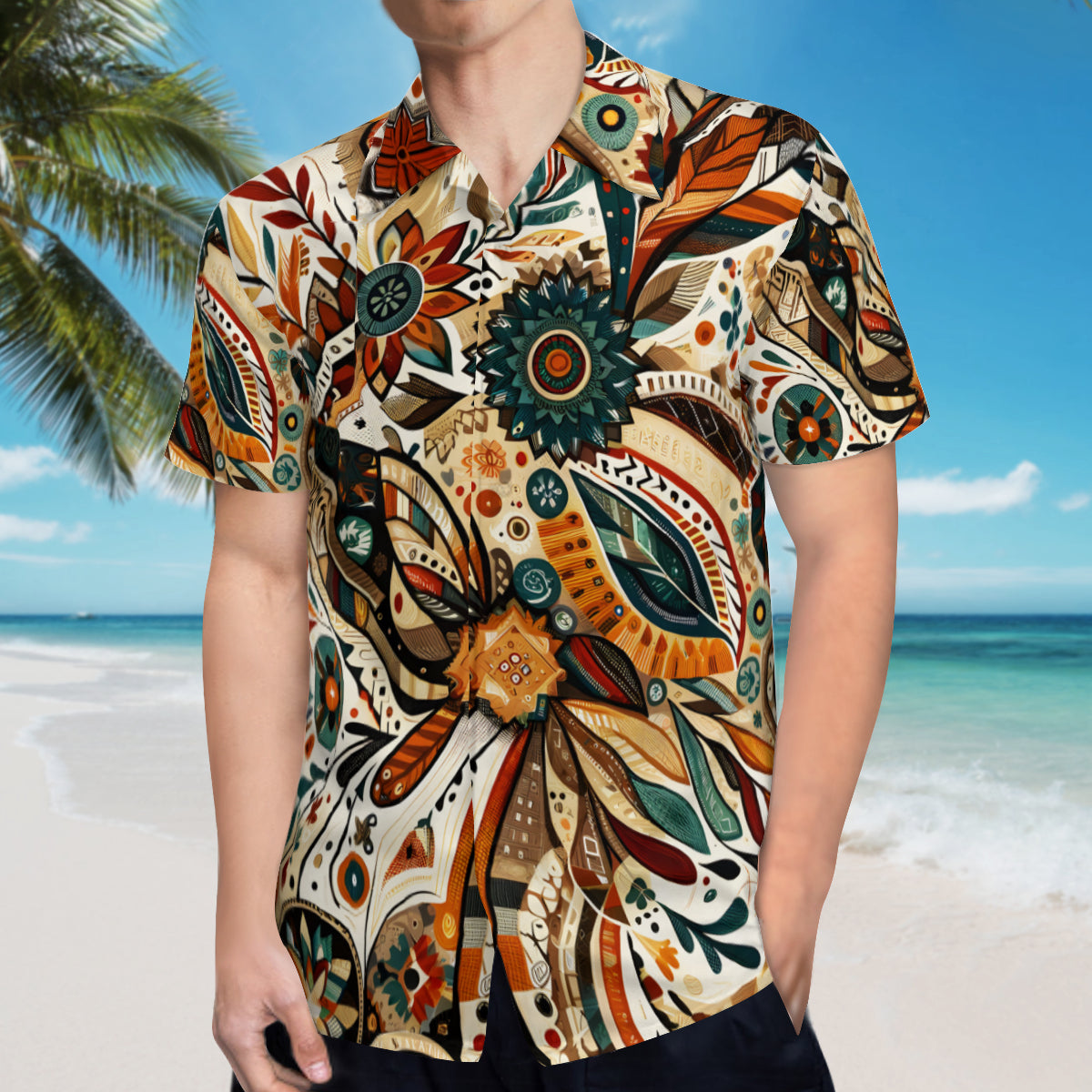 Abstract Brown Short Sleeves Men's Shirt
