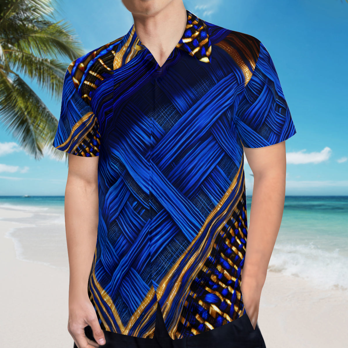 Royal Blue Interwoven Design Short Sleeves Men's Shirt