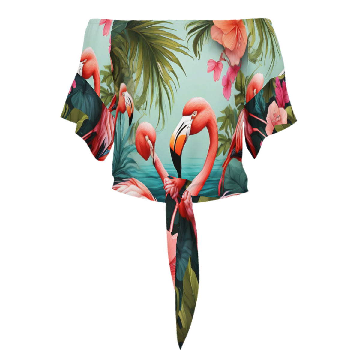 Flamingo All-Over Print Women's One-shoulder Tie Short Sleeve Dress