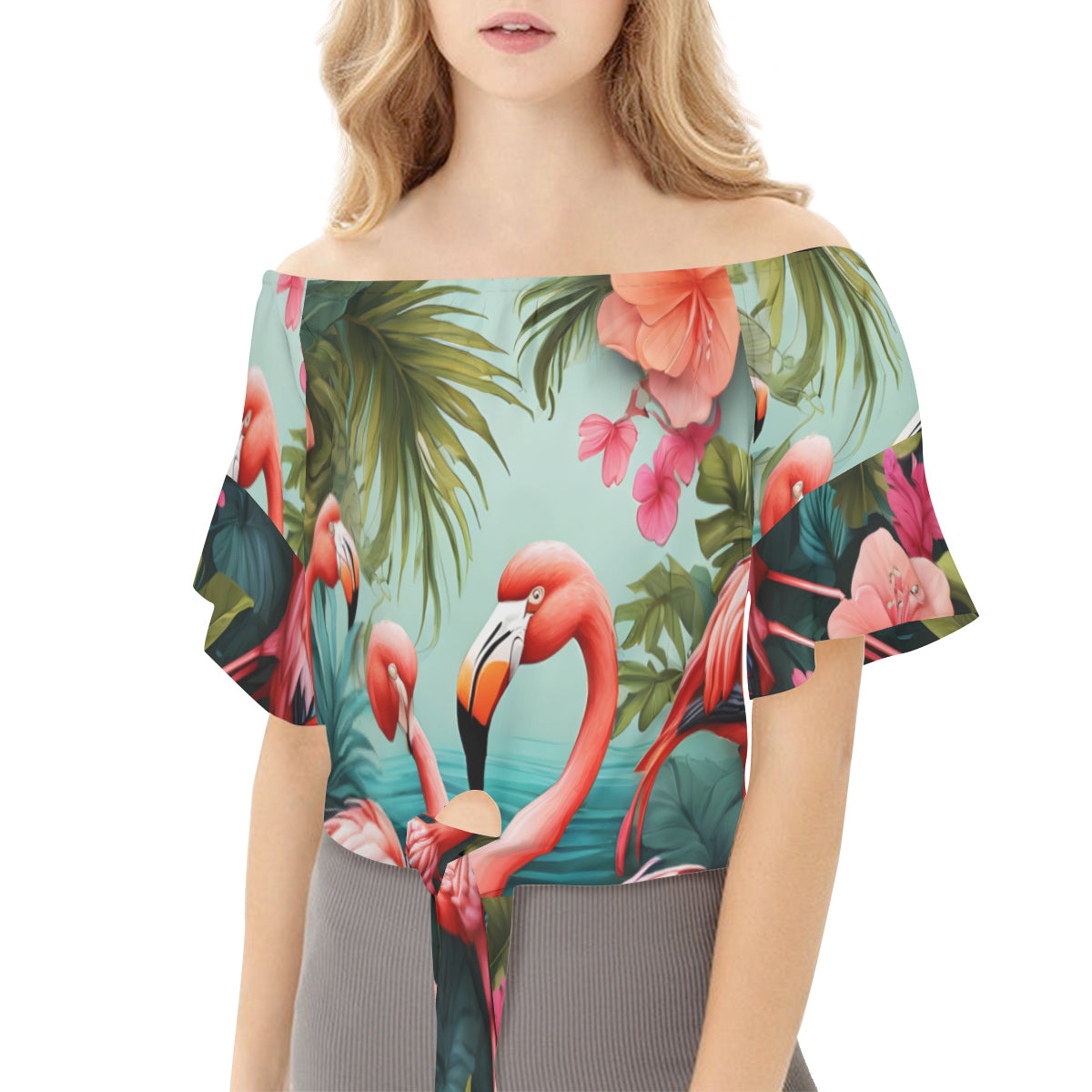 Flamingo All-Over Print Women's One-shoulder Tie Short Sleeve Dress